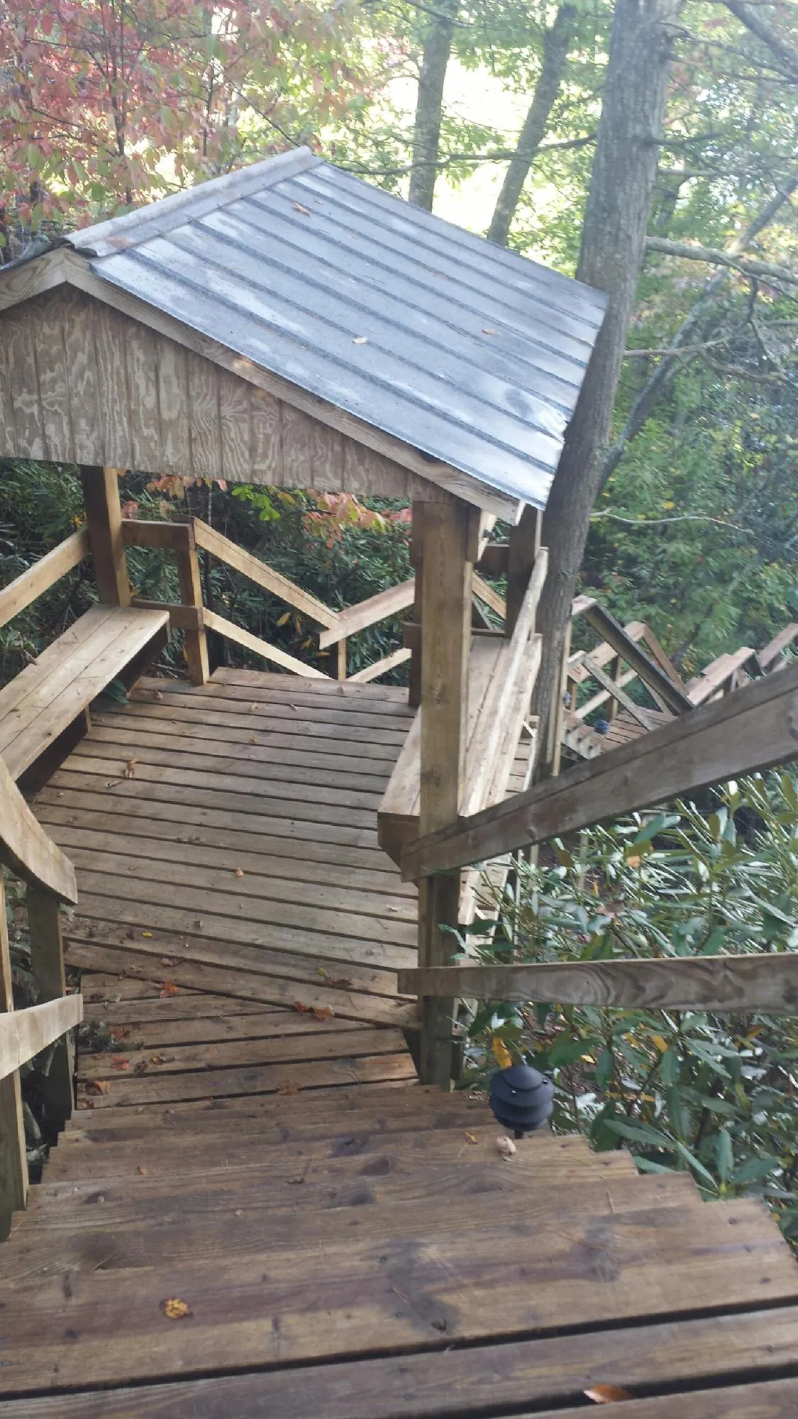 Metal roofed shelter over wooden steps on a wooded walkway — Skylight Repair & Installation work by our crew in Meade